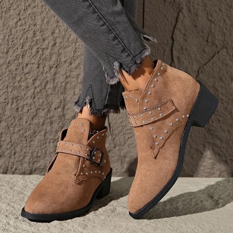 Shoes for Women 2024 Brand Buckle Strap Women's Boots Rivet Office and Career Sexy Pointed Toe Plus Size Ankle Boots