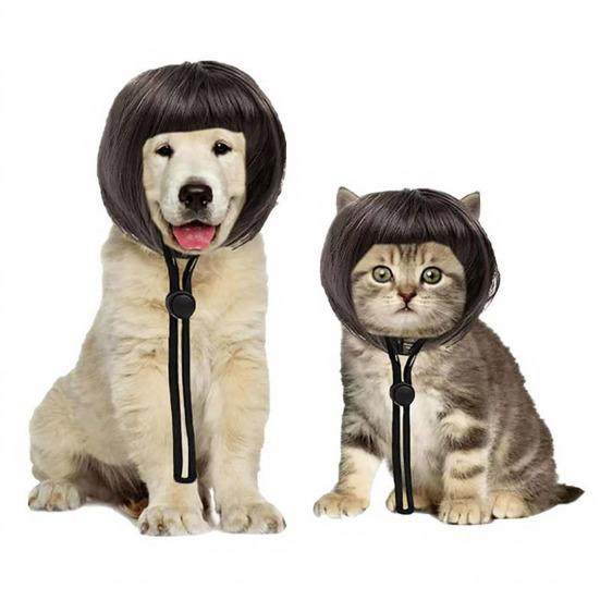 Bob Saç Kesimi Evcil Hayvan Peruğu Komik Tam Kaküllü Köpek Peruğu Kesilebilir Kısa Kedi Peruğu Ayarlanabilir Kayışlı Partiler ve Cosplay İçin Kostüm Aksesuarı