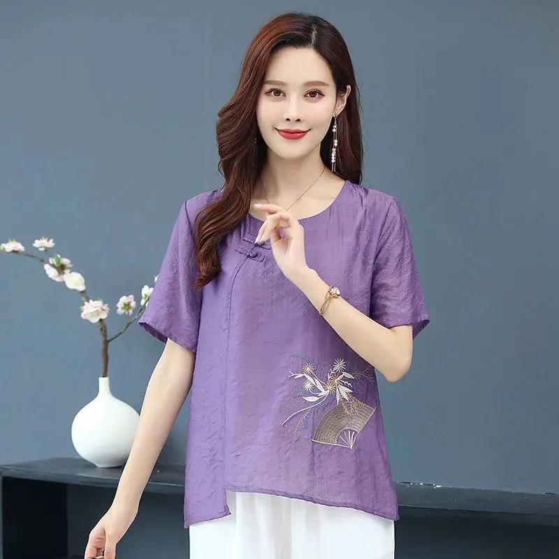 Ladies Summer Embroidery Cotton Linen Short Sleeve T-Shirt Chinese Vintage Loose and Comfortable Top