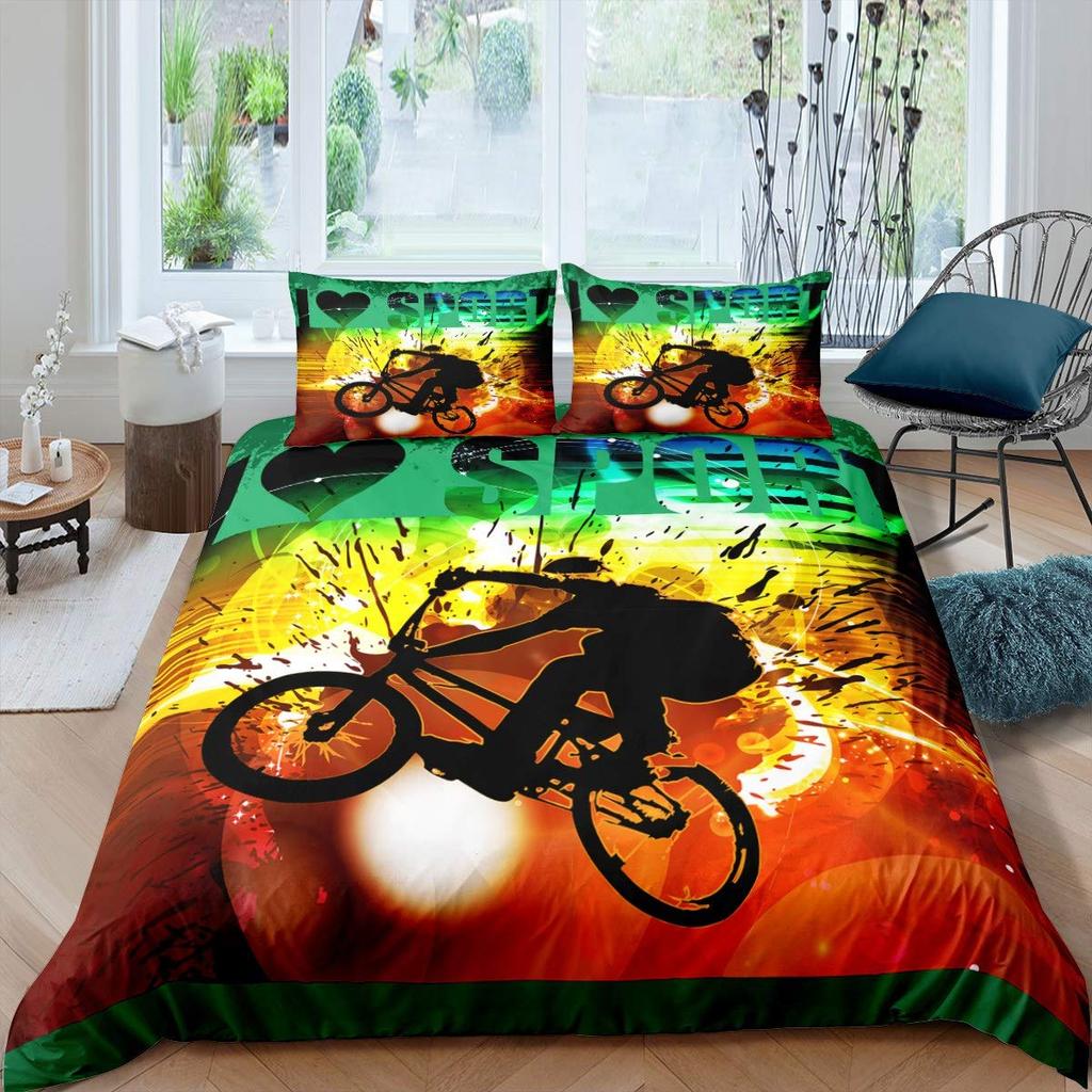 Bicycle Duvet Cover Set Motocross Racer Bedding Set King Size Mountain Bike Comforter Cover Extreme Speed Sports Bedspread Cover