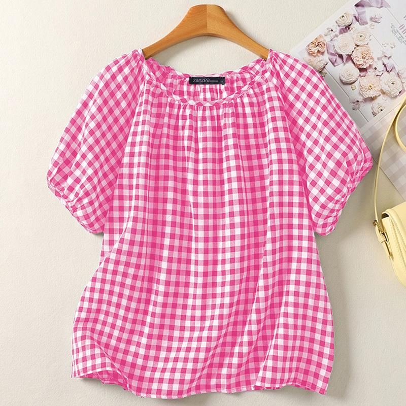 

ZANZEA Женская повседневная блузка с круглым вырезом, короткими рукавами и свободным принтом в клетку 4XL