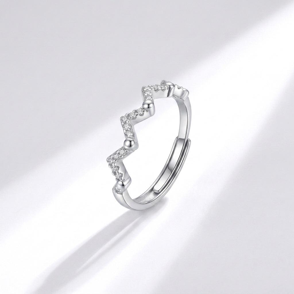 Adjustable S925 Sterling Silver Heartbeat Wave Diamond Ring for Women – Sweet Girly Accessory