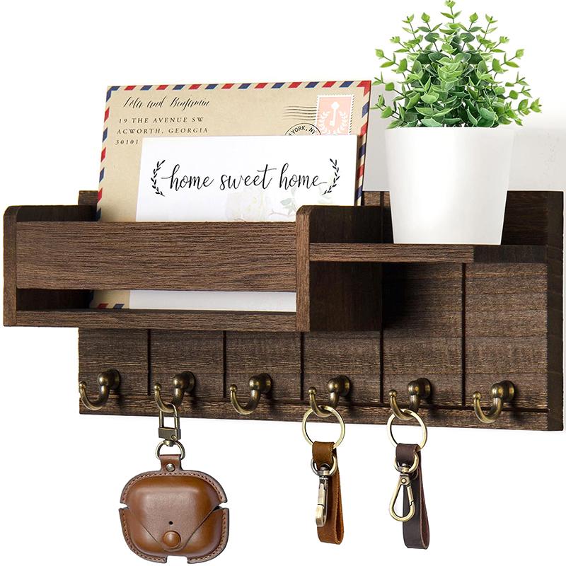 Wall-Mounted Key Rack With Hooks Wooden Storage Rack For Entryway Kitchen And Living Room