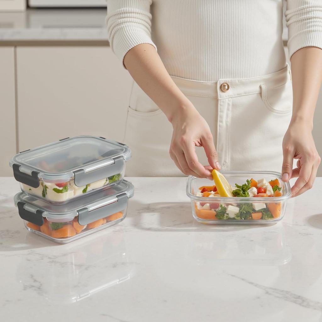 AILTEC Glas Vorratsbehälter Set mit Rechteckigen Hitzebeständigen Behältern, 4, Luftdicht, Mikrowellen-, Backofen-, Spülmaschinen-, Gefrierschrankgeeignet, Stapelbar, Auslaufsicher,