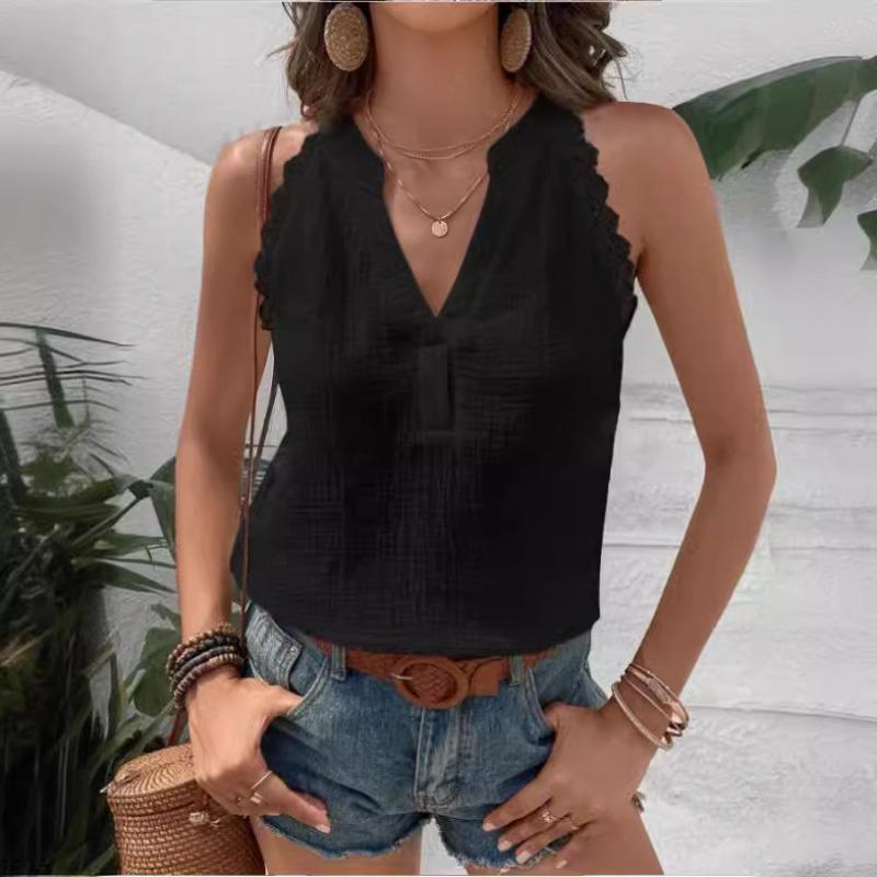 

Fashion New Solid V-neck Loose Casual Shirts Women Sleeveless Lace Splicing White Blouses for Women Summer Clothing Vintage Slim Fit Shirt Tops 26642 S чёрный