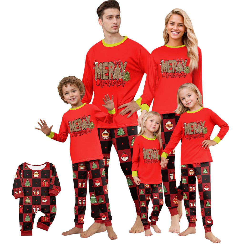 Family Matching Christmas Pajamas Set for Parents and Kids, Long Sleeve Neck Printed Pants Set