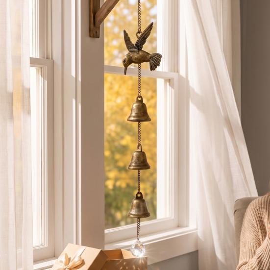 Crystal Sun Catchers Vintage Hummingbird Wind Chime, Metal Hanging Ornament with Bells & Pastoral Style Ornaments Suncatcher, Rustic Garden Decor for