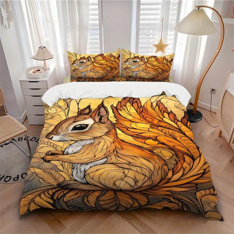 

3pcs Squirrel Autumn Leaves Soft Comfortable Bedding set, For Bedroom, Guest Room And Dorm, All - Season Use, High-Definition Printing185 135x200cm