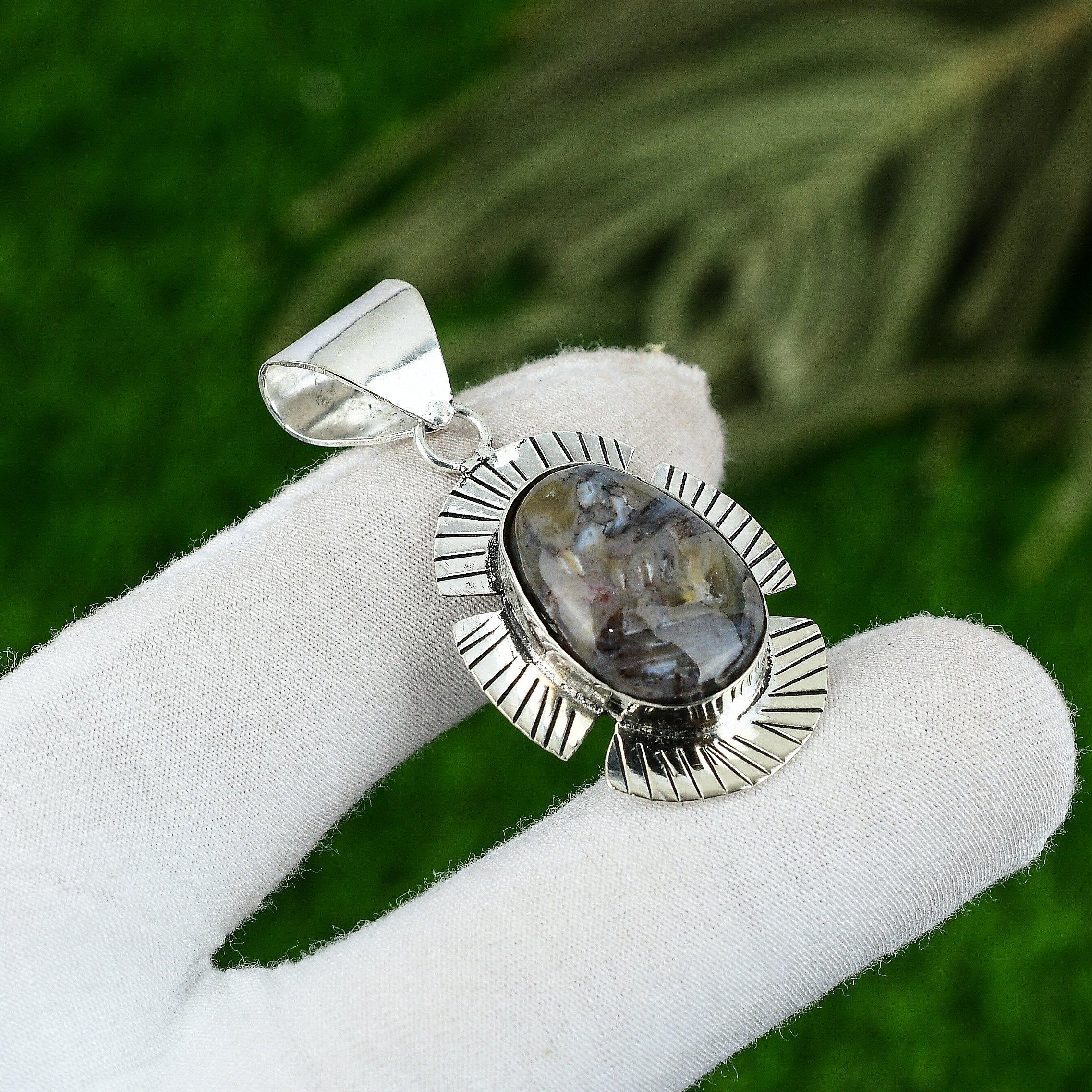 

925 Silver Natural Stick Agate Artisan Bezel Handcrafted Wedding Pendant Jewelry