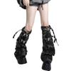 Womens Harajuku Punk Camouflage Denims Flared Leg Warmer Buckled Eyelets Straps Cargo Leg Cover Stockings Streetwear