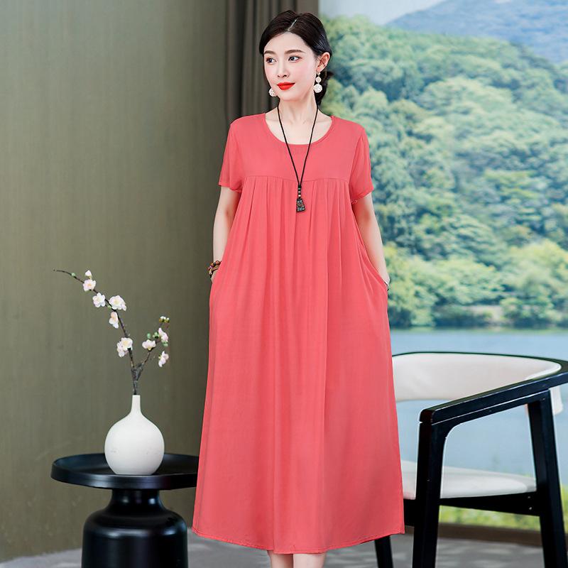 2 Neues hochwertiges florales Baumwoll-Seiden-Kleid für Damen-Sommer-Temperament, Bauchbedeckung für Mütter, große Größe künstliche Baumwolle langer Rock