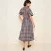 French retro plaid shirt dress women's waist and thin short-sleeved temperament college style long A-word long dress