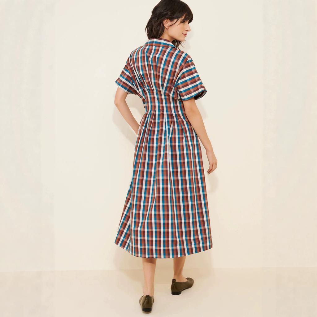 French retro plaid shirt dress women's waist and thin short-sleeved temperament college style long A-word long dress