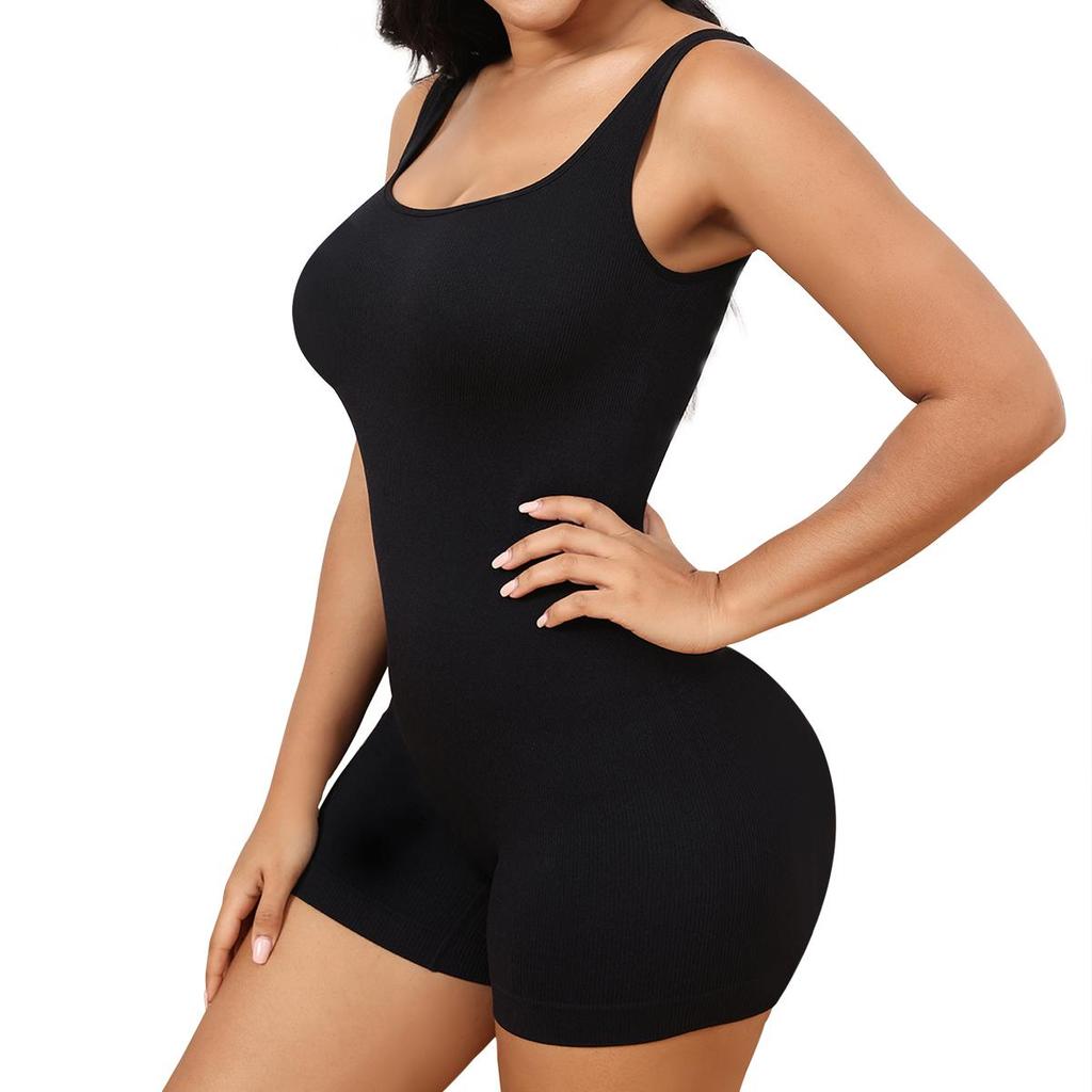 Women Yoga Romper Workout Ribbed Square Neck One Piece Seamless Tank Top Jumpsuit Underwear Black