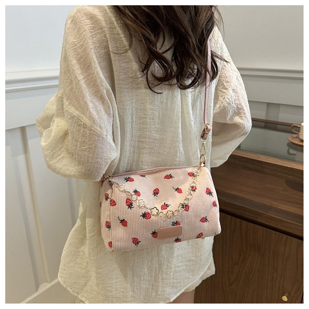 Strawberry Printed Mini Crossbody Bag for Women Fashion Corduroy Underarm Bag Student Travel Handbag