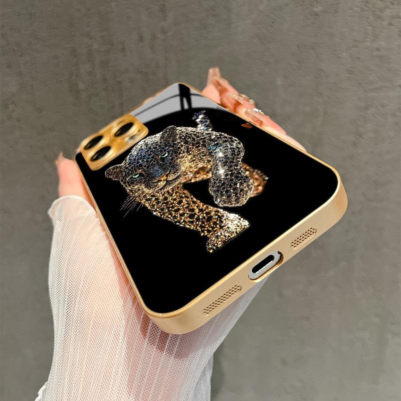 Cool Leopard Animal Print Gold Metallic Paint Glass Phone Case For iPhone 17 16 15 14 13 12 11 Pro Max 16 Plus 17 Air 16E Cover