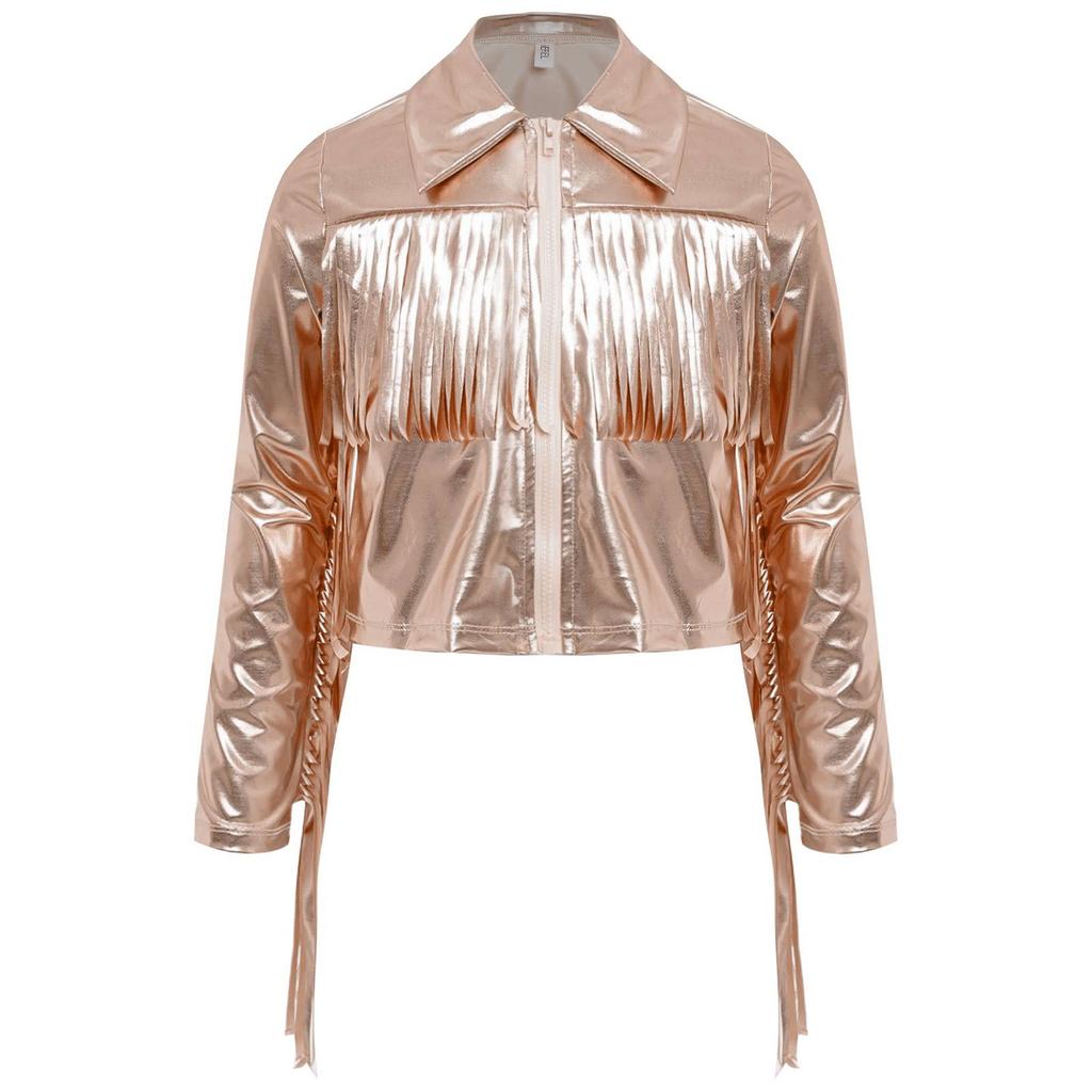 Girls Dance Jacket Metallic Tassel Design Turn Down Collar Long Sleeve Zipper Fringe Party Top