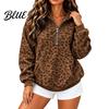 Long Sleeve Casual Top Women Leopard Print Hoodie, Oversized Half Zip Hooded Sweatshirt with Kangaroo Pocket, Fall Pullover