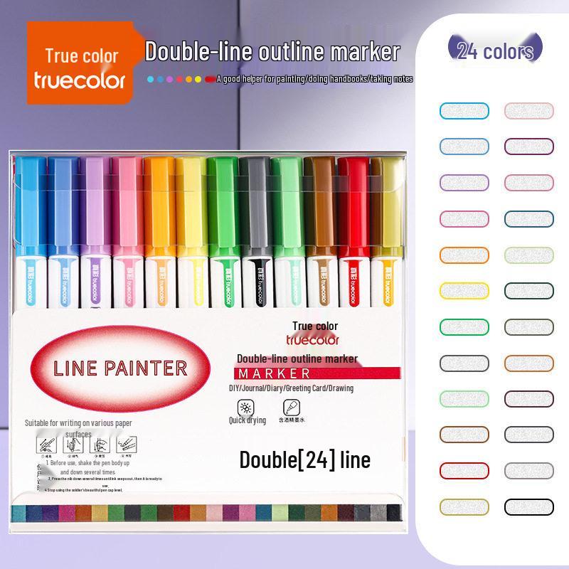 True Color Outline Pen: Dual-Line, Glitter, Black Journal & Border Art Tool.