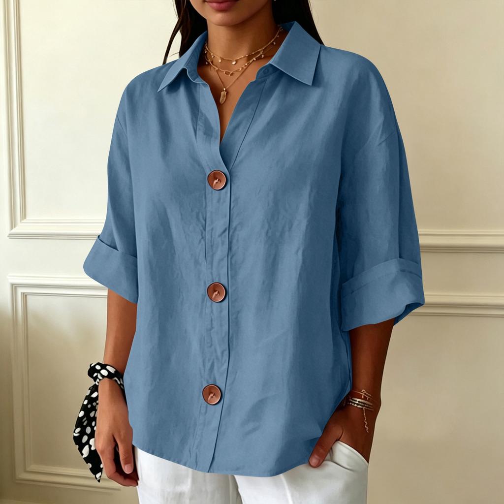 Women's Casual Loose Fit Button Down Shirt Three Quarter Sleeve Collared Blouse Lightweight Soft Fabric Relaxed Style