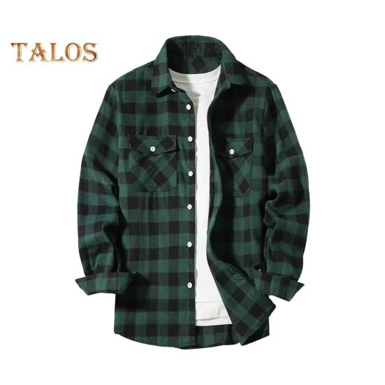Fall Winter Men Shirt Coat Plaid Print Long Sleeves Chest Pocket Turn-down Collar Single-breasted Loose Contrast Color Jacket