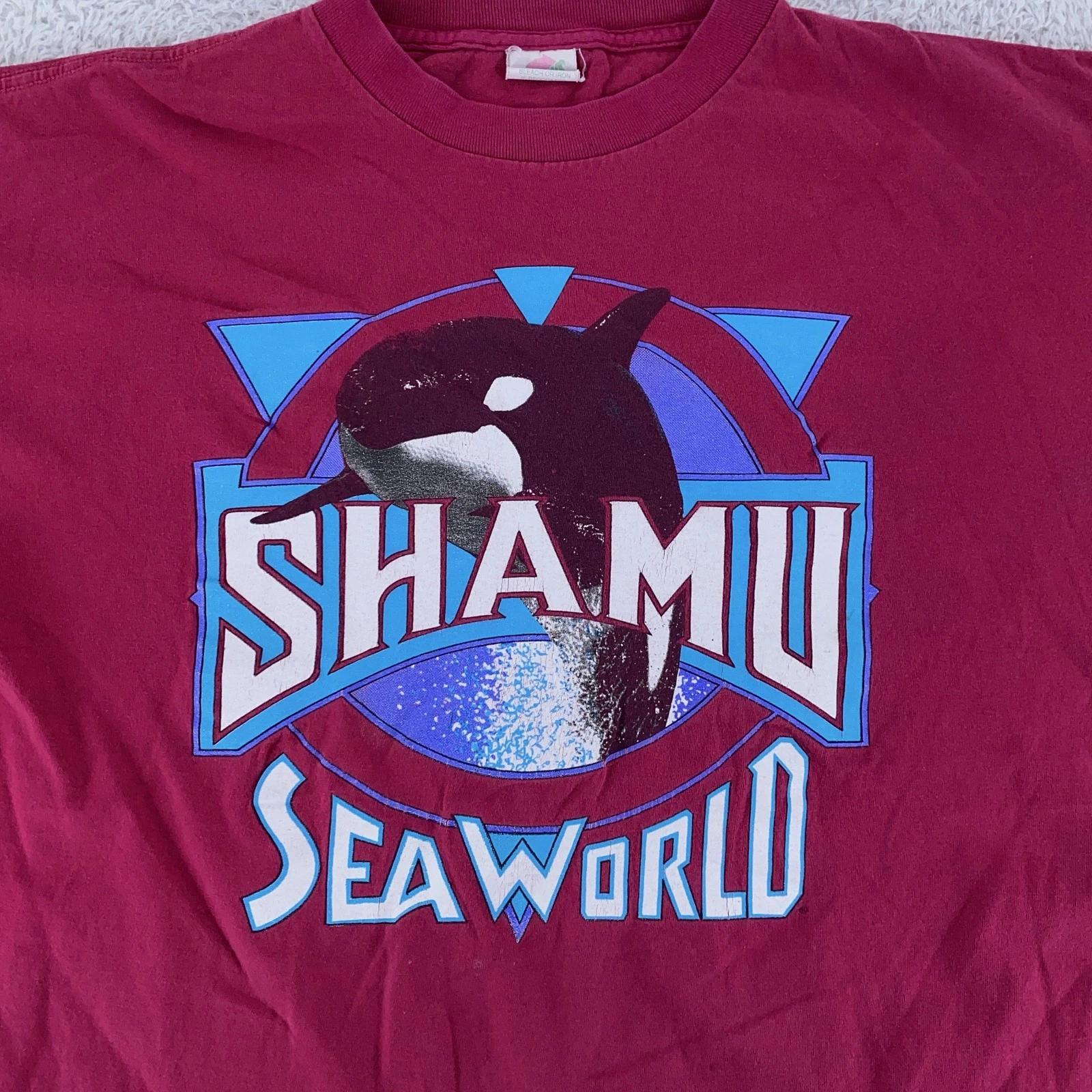 

Vintage Shamu SeaWorld Shirt Mens Large Red All Over Graphic 90s Orca Whale Tee 2XL