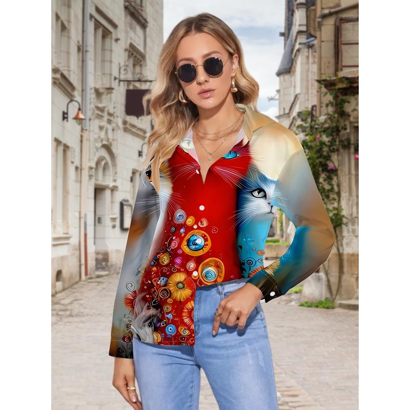Women's Casual Long-Sleeve Shirt, Heterochromia Floral Cat Print, Whimsical and Lively, Versatile Top for Holiday Parties