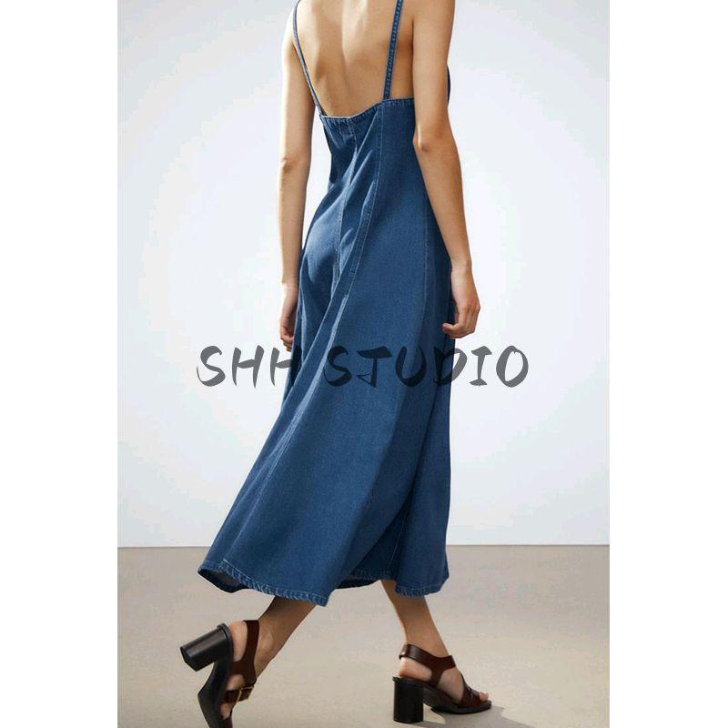 Spring and Summer New Women's Clothing French Simplicity Wind Long Denim Sling Straight Collar Midi Skirt Dress 8197082