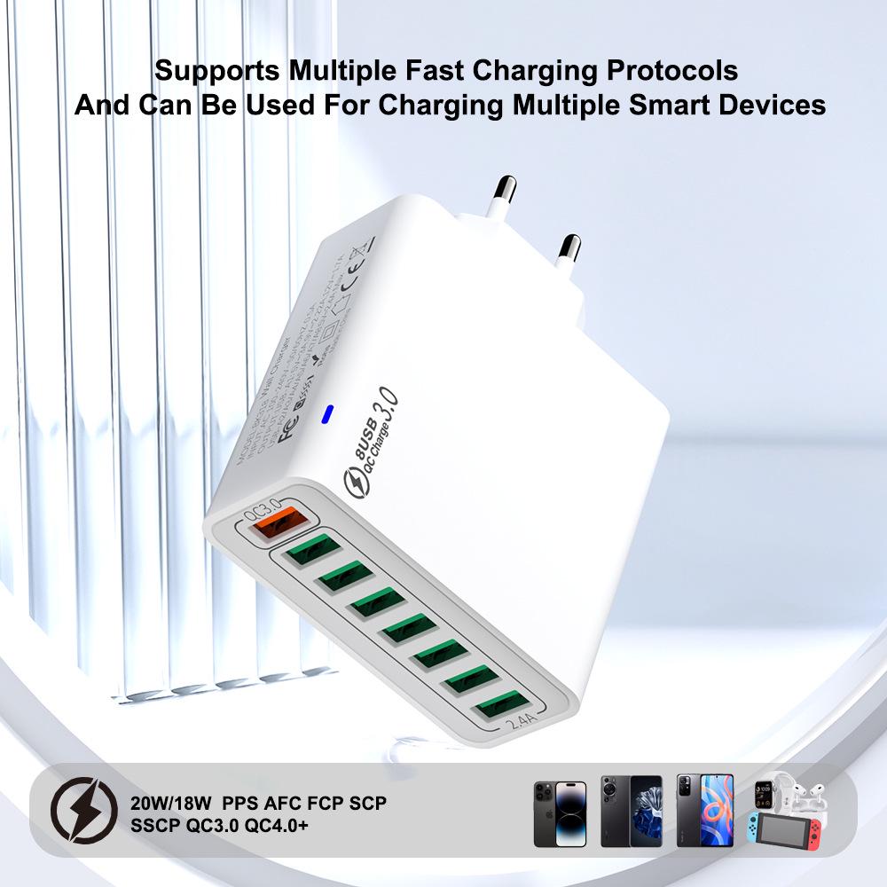 QC3.0 8-Port 30W Multi-USB Fast Charger for Mobile Phones - US/EU/KR Specs, High Power, Colorful Design
