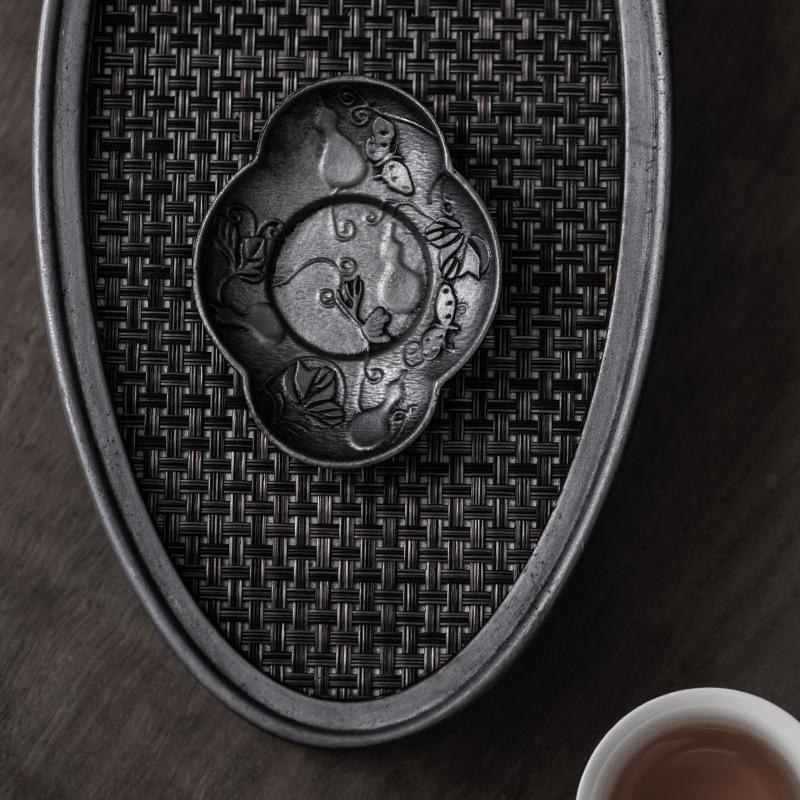 Antique Tin Cup Mat, Hand Hammered Metal Tea Saucer, Non-Slip Japanese Style Tea Tray Pad, Kung Fu Tea Accessories