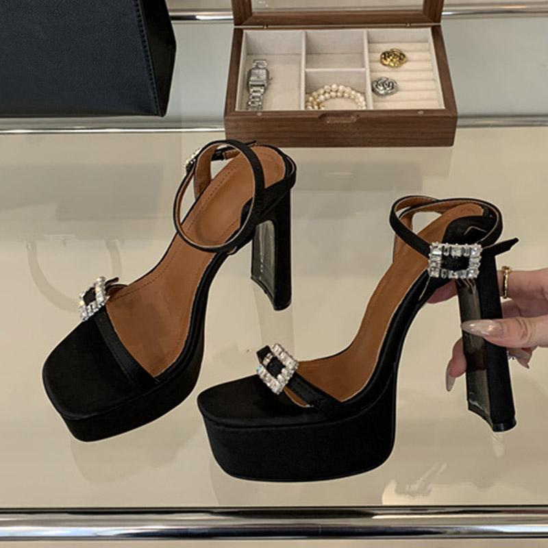 Liyke Sexy Black High Heels Platform Sandals For Women Fashion Thick Bottom Square Toe Crystal Buckle Ladies Party Banquet Shoes