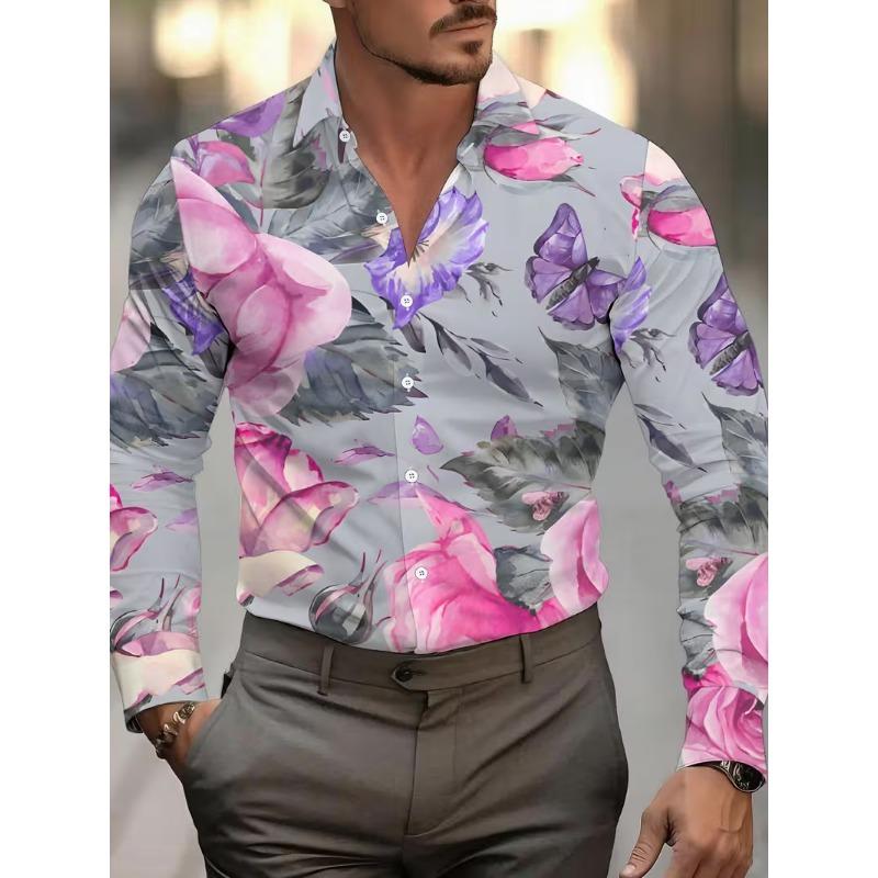New Men's Long Sleeved Shirt 3D Butterfly Print Long Sleeved Luxurious Irregular Pattern Shirt Collar Top