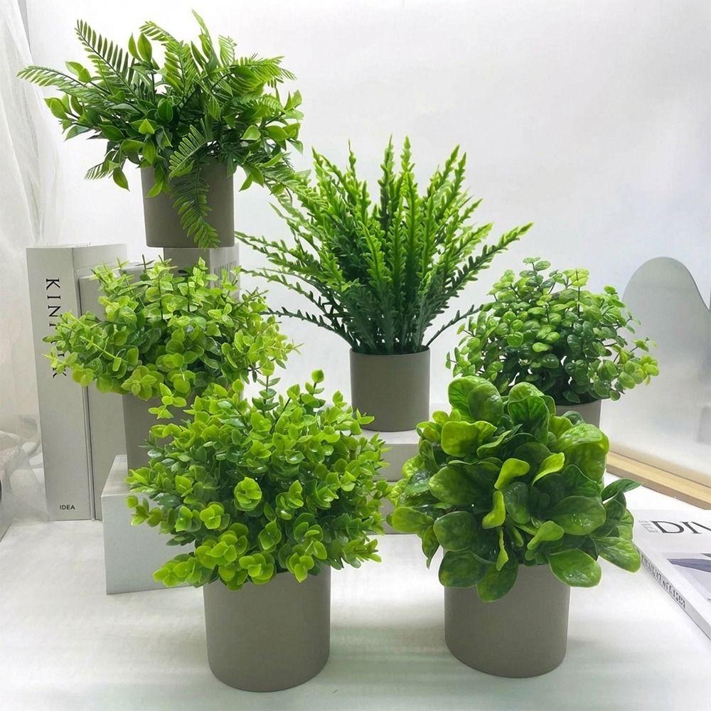 Green Artificial Plant Bonsai Grey Flowerpot Grass Leaves Simulation Plant Flowerpotted Craft Photo Props Faux Potted Decoration