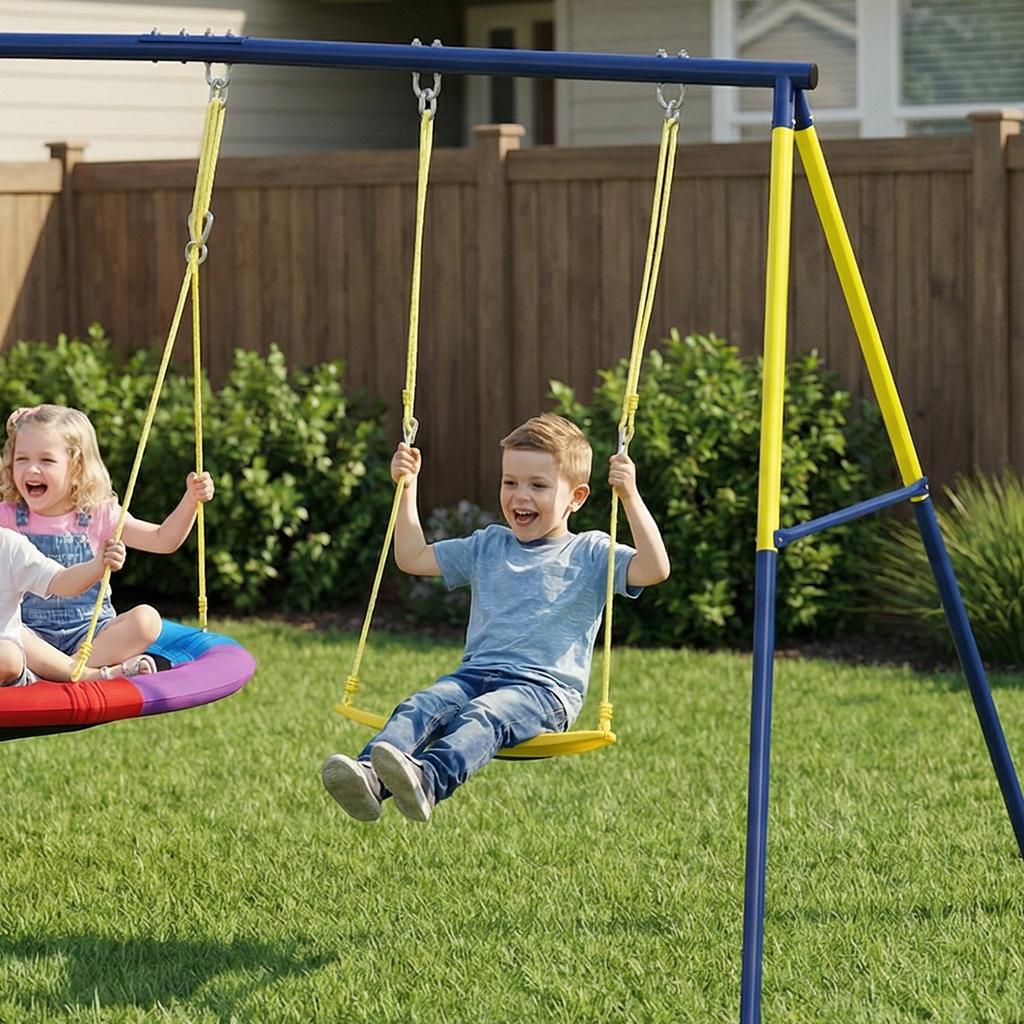 Kids Swing Set with Double Swings, Outdoor Playset with Adjustable Ropes, Metal Frame for Ages 3-8, 150kg Capacity