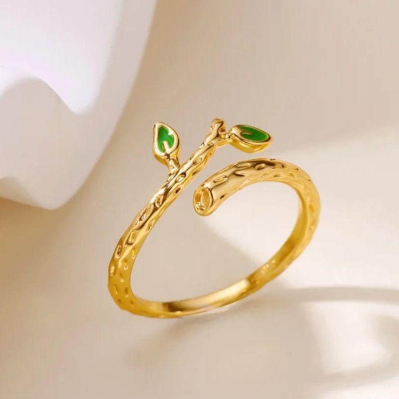 Green Leaf Rings For Women 18K Gold Plated Stainless Steel Leaf Opening Ring Weeding Christmas Jewelry Gift