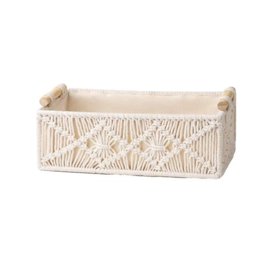

Storage Box with Wooden Handles Large Capacity Basket Woven Design Countertop Organizer for Cosmetics And Sundries S білий