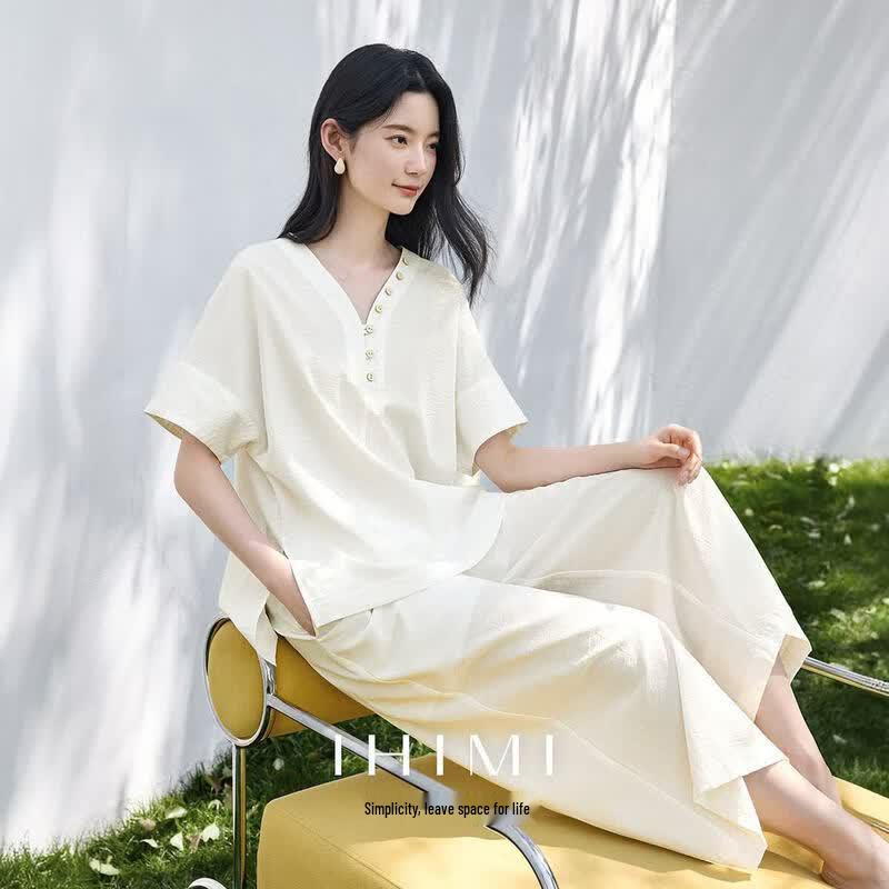 IHIMI Women's Cloud Soft Cotton Short Sleeve Top & Wide-Leg Pants Set