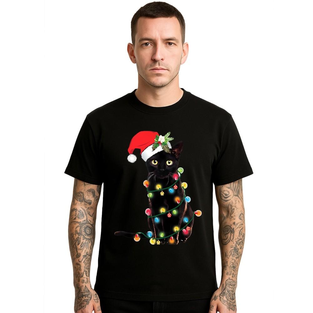 

Black Cat Christmas Lights Santa Party Mens T Shirt Joke Gift Funny Xmas Tee Top Unisex T-Shirt XXXXL