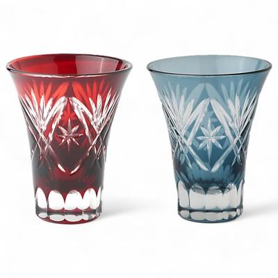 Mizukage Kiriko Pair Glass Cups for Cold X Star Fan Red Ink Bishou Current Model J-kitchens Sake, 6.2 7.8 Cm, 60cc, & Blue,
