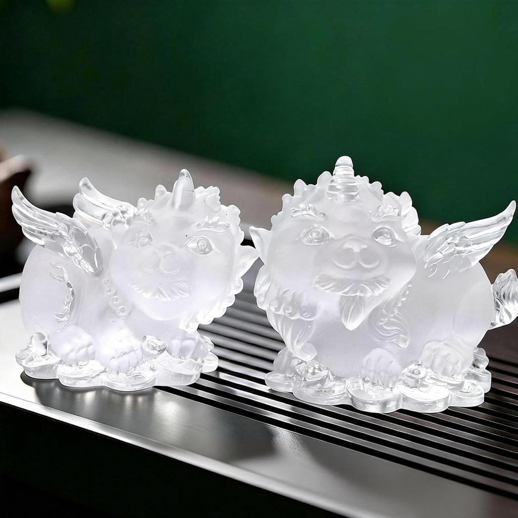 Aris & Juno Liuli Handmade Glazed Pixiu Pair Sculpture, Fortune Wealth Guardian Ornament with Gold Ingot, Chinese Style Home Office Desk Decoration,