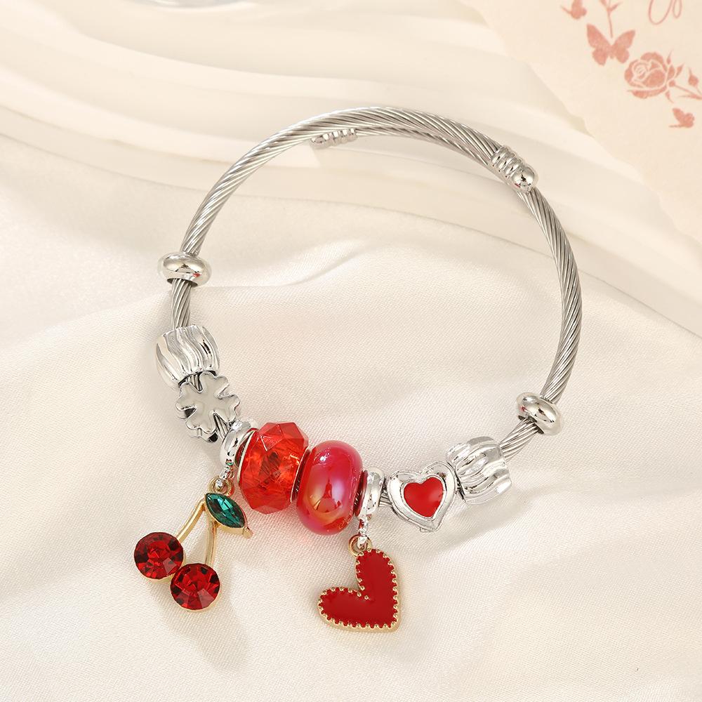 

Sweet Cherry Beaded Bracelet Stylish Stainless Steel Bangle Fashion Accessory for Women Diameter 5.7cm