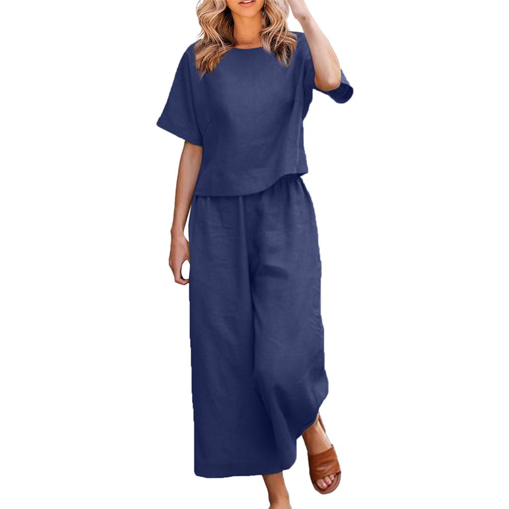 2026 New Loose Solid Color Short-sleeved Wide-leg Pants Set Women's Summer Casual Fashion Two-piece Set Cross-border Belly Cover