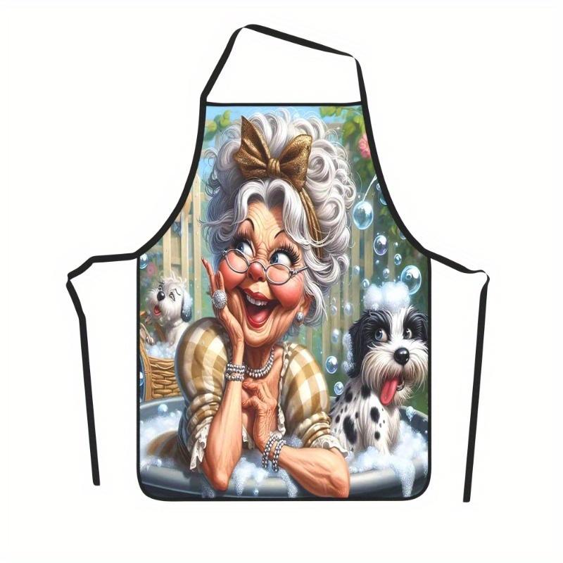 1pc Adjustable Polyester Chef Apron with Whimsical Grandma & Dalmatian Bath Scene Design - Floral Kitchen Apron for Women