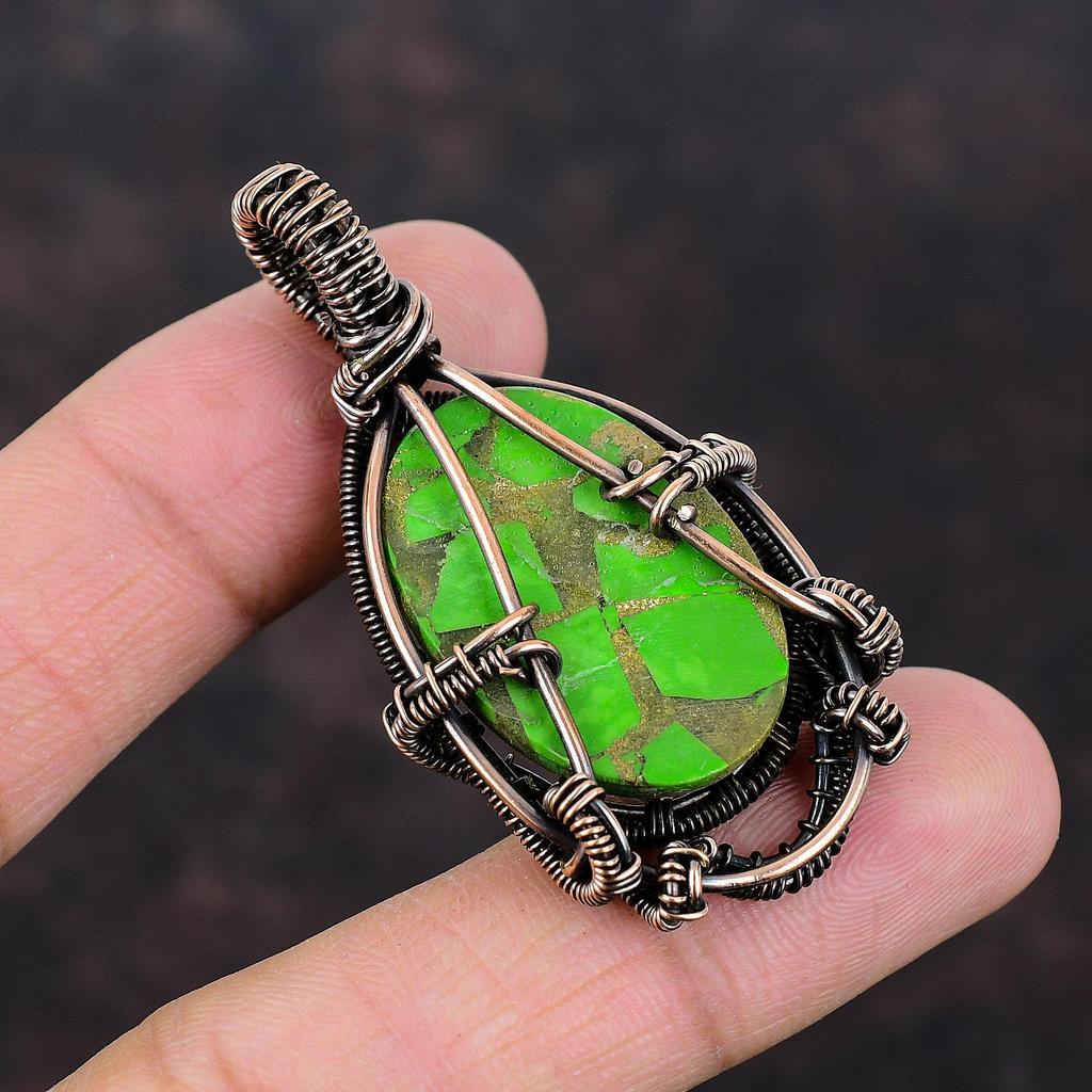 Colgante de Piedra Preciosa Turquesa Verde Cobre Joyería Envuelta en Alambre de Cobre Colgante Decente Joyería Hecha a Mano Colgante Envuelto en Alambre de Cobre Regalo Para Ella
