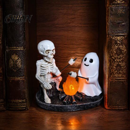 Resin Table Lamp Skeleton And Ghost Bonfire Night Lamp, Halloween Campfire Flickering Gothic Room Decor Cute Spooky Roasting Marshmallow Decoration