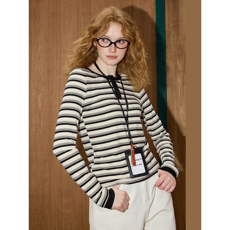 Coolhut Retro Striped Slim Fit Sweater Round Neck Long Sleeve Winter New Women's Base Shirt