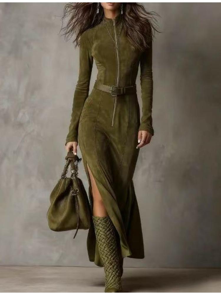 Maxiklänning för dam med hög hals, långa ärmar, dragkedja fram och avtagbart bälte