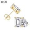 Nuovi Orecchini a Bottone Smeraldo e Zircone Pera Placcati Oro 14K Bicolore Design Geometrico Orecchino a Bottone Due Pietre per Fidanzamento