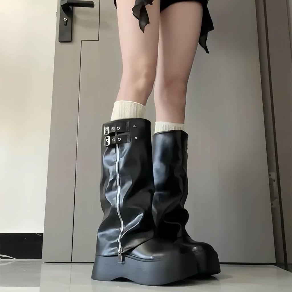 Dámské cool stylové platformové kozačky nad koleno ve westernovém stylu - Silná podrážka, Vysoká holenní část, Vrstvený design