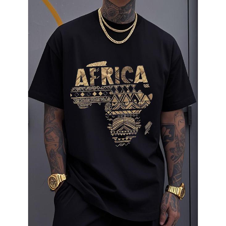 Men S African Tribal T-Shirt - Black & Golden Africa Map with Tribal Patterns & African Flag Colors (Green/Yellow) - Breathable Short Sleeve Shirt S чёрный